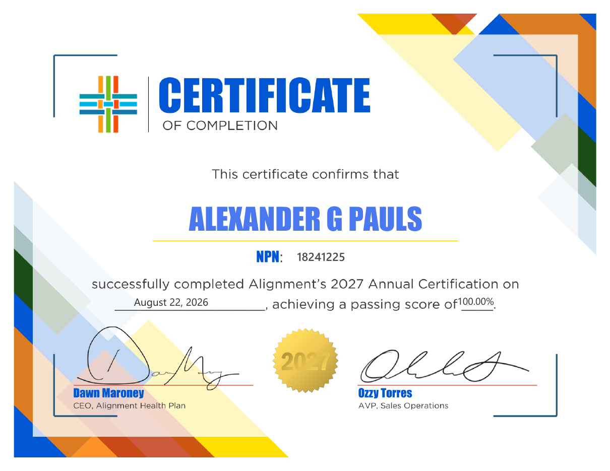 Alignment Health Plan certification for Alexander Pauls