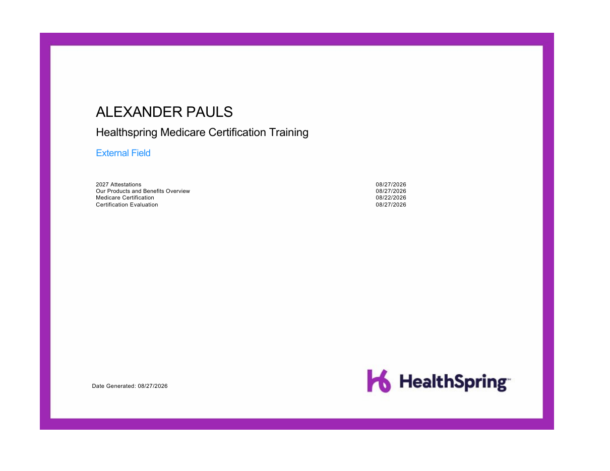 Cigna HealthSpring certification for Alexander Pauls