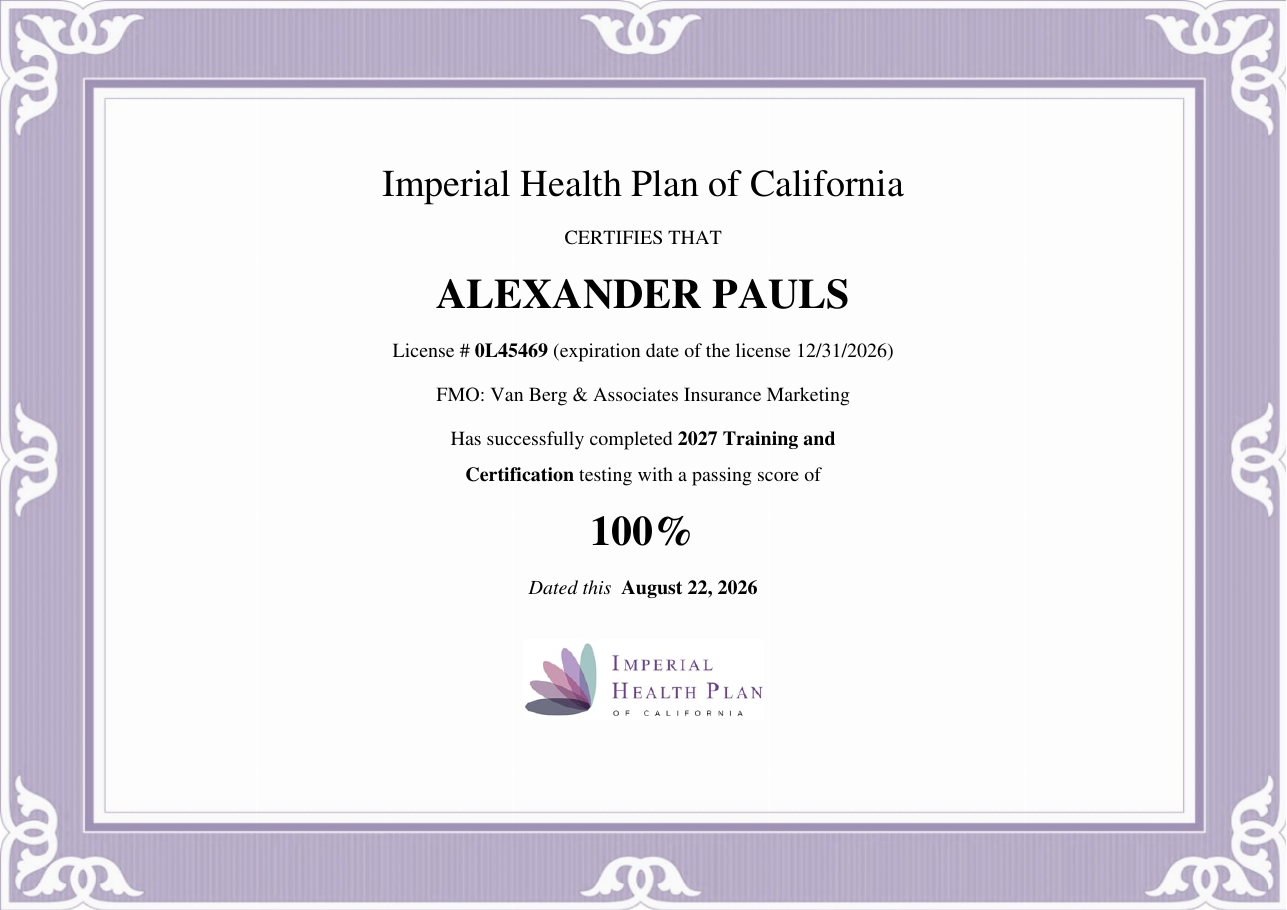 Imperial Health Plan of California certification for Alexander Pauls